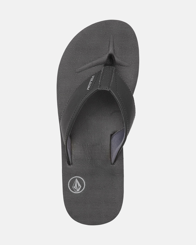The Volcom Men's Victor Sandals are black flip-flops with textured straps, a Recliner Comfort Foam footbed, and the Volcom logo near the heel, shown from above on a white background. Water-friendly for all-day comfort and style.