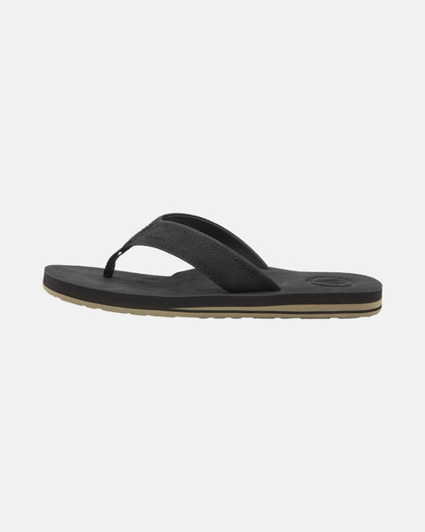 The Volcom Men's Victor LX Sandals feature a black textured thong strap and cushioned Recliner Comfort Foam sole, shown side view on a white background—ideal, stylish water-friendly sandals for daily wear.