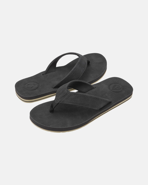 A pair of Men's Victor Sandals LX by Volcom in black, featuring textured straps and soles, displayed on a plain white background at an angle to show both the top and side views. Water-friendly design.
