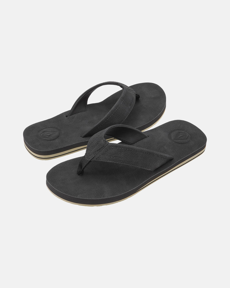 A pair of Men's Victor Sandals LX by Volcom in black, featuring textured straps and soles, displayed on a plain white background at an angle to show both the top and side views. Water-friendly design.