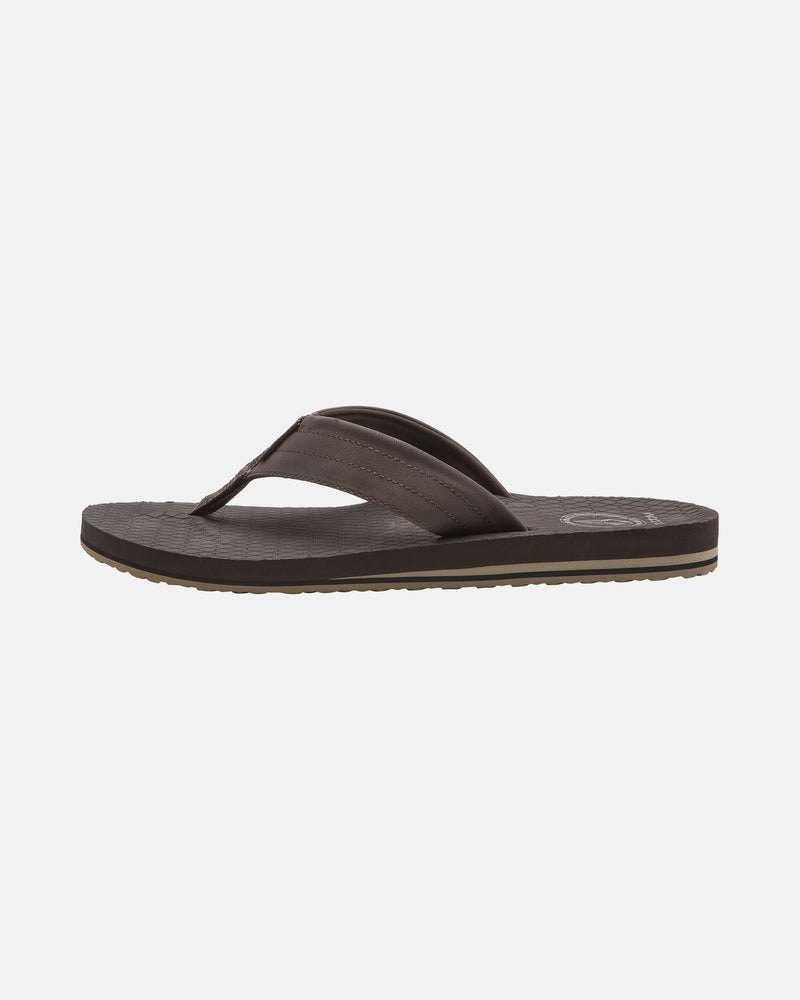 The Men's Vol-Commuter Sandals by Volcom feature a brown color, textured footbed, thick strap, and flat sole, shown against a plain white background.