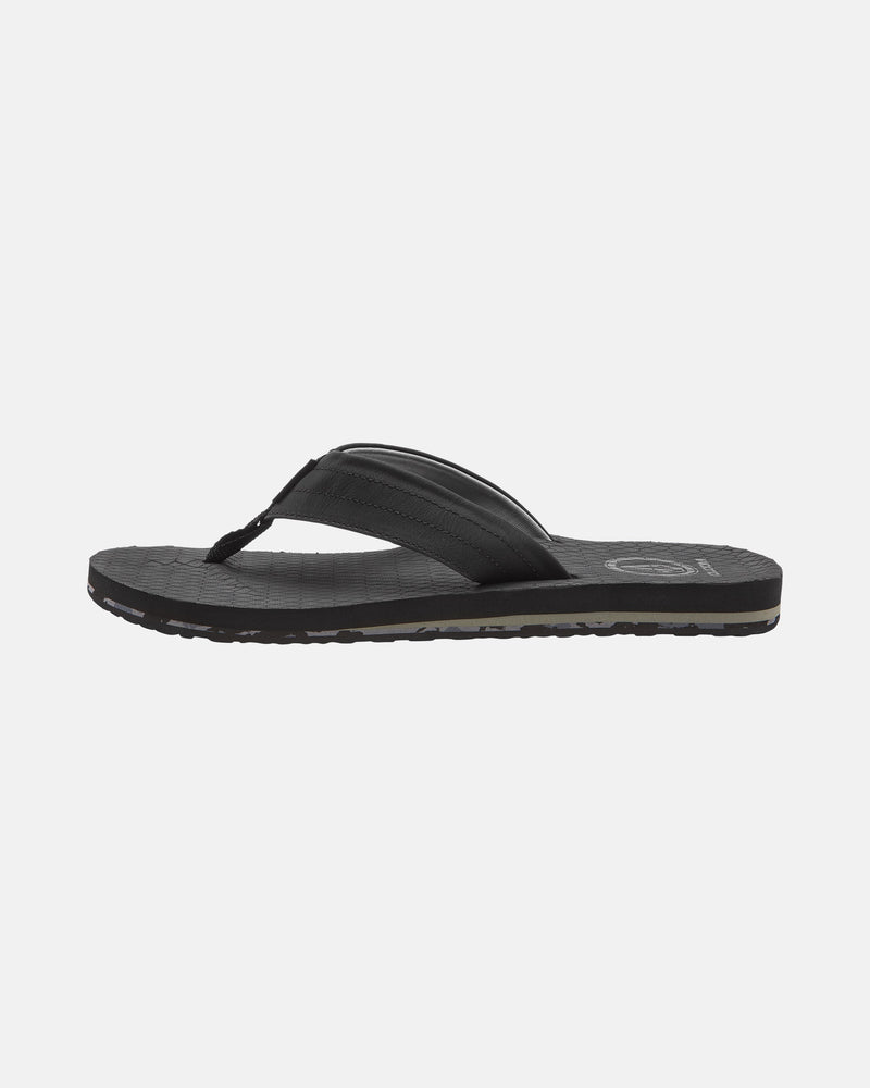 The Men's Vol-Commuter Sandals by Volcom feature a black flip-flop design with a textured sole and simple thong straps, displayed in side profile against a white background.