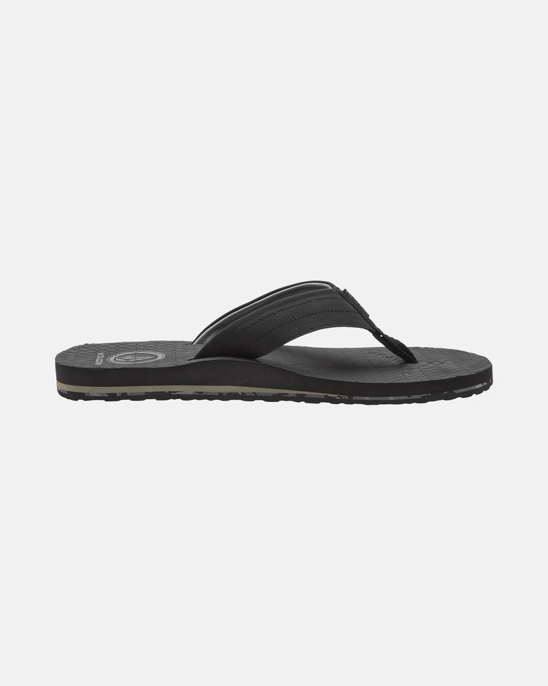 The Men's Vol-Commuter Sandals by Volcom are black flip-flops featuring a textured sole and a simple thong strap, displayed in side profile against a plain white background.