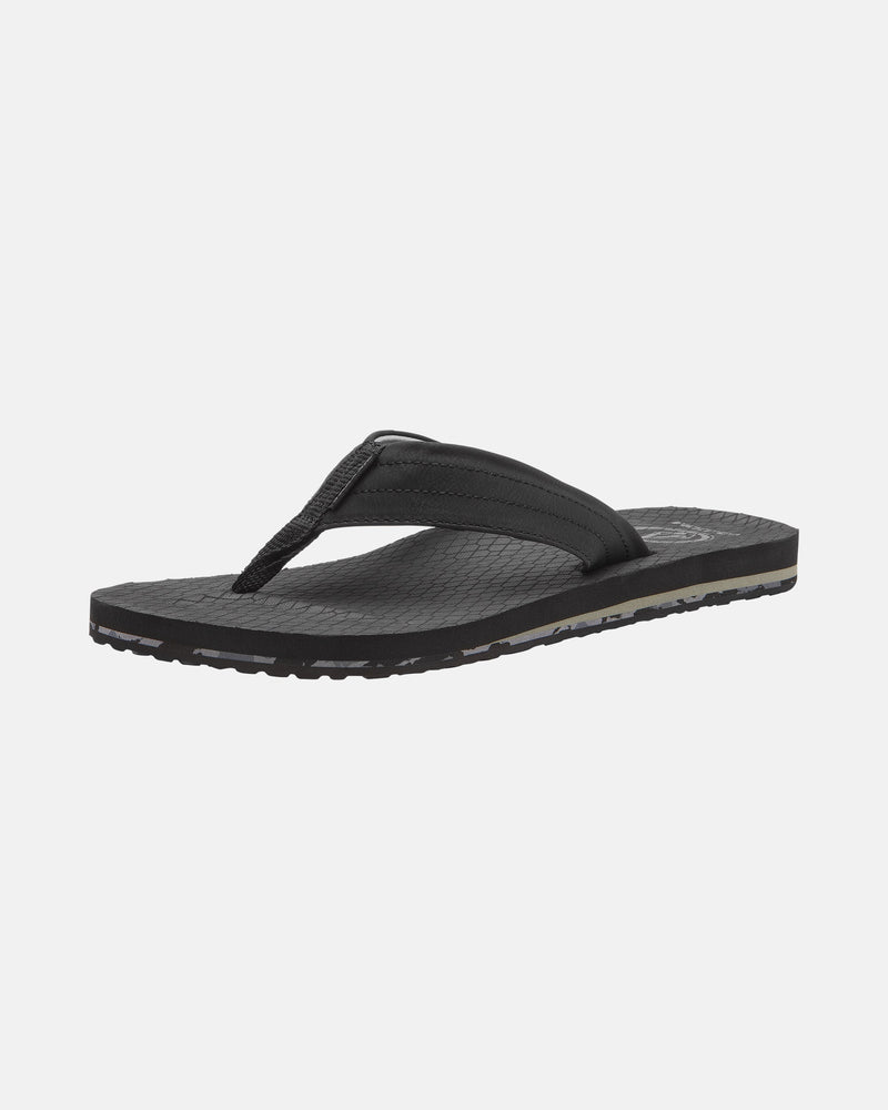 The Volcom Men's Vol-Commuter Sandals feature a black design with a textured footbed and a simple thong strap, shown against a white background.