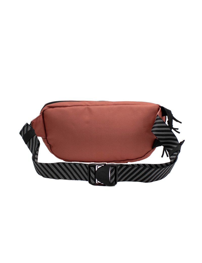 The Volcom Men's Mini Dos Waist Pack, featuring a reddish-brown design with a black zipper and an adjustable black strap adorned with diagonal gray stripes, is displayed on a plain white background.