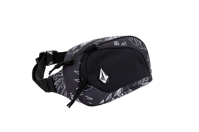 The Volcom Men's Waisted Pack features a black and gray design with white abstract leaf patterns, a front zipper pocket, side buckle strap, and a white geometric Volcom logo on the front—ideal for hands-free outdoor adventures.
