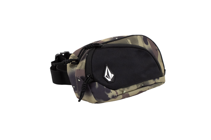 The Volcom Men's Waisted Pack is a camouflage and black waist bag with a white logo on the front pocket. It features black adjustable straps and zipper closures, making it the perfect hands-free option for outdoor adventuring. The product is displayed on a plain white background.