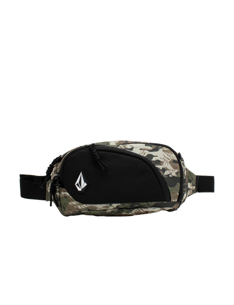 A Volcom Men's Waisted Pack in camouflage and black, featuring a white geometric logo on the front pocket, is displayed against a plain white background. This hands-free bag combines style and convenience for your everyday adventures.