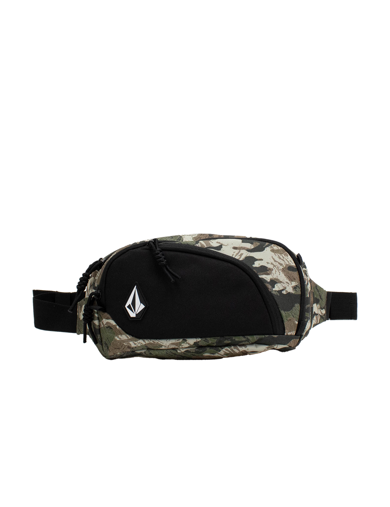 A Volcom Men's Waisted Pack in camouflage and black, featuring a white geometric logo on the front pocket, is displayed against a plain white background. This hands-free bag combines style and convenience for your everyday adventures.