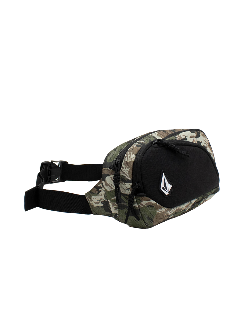 The Men’s Waisted Pack by Volcom features a camouflage and black design, a front zip pocket, adjustable strap, and a bold white geometric Volcom logo on the front—making it the perfect stylish hands-free bag for everyday adventures.