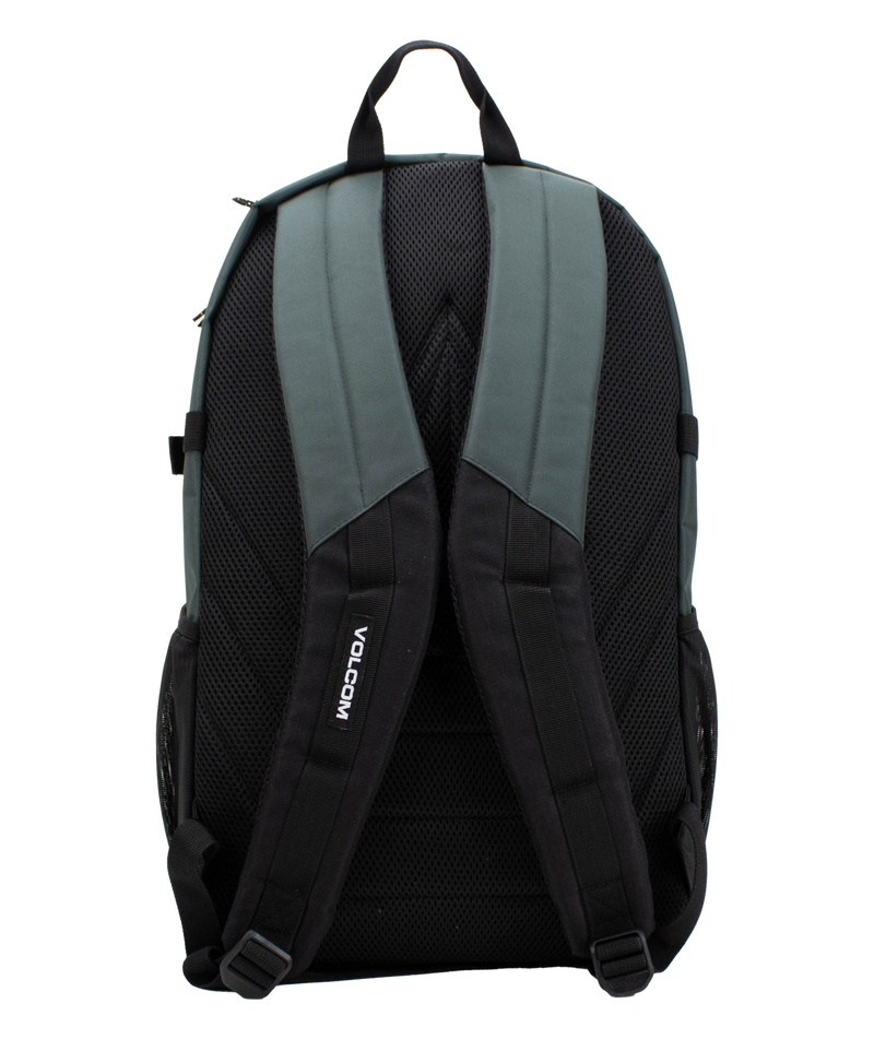 A back view of the Men’s Exponent Backpack by Volcom is shown in gray and black, highlighting its padded shoulder straps and mesh padding for added comfort. One strap features the VOLCOM logo in white text. This roomy backpack provides organized storage, making it ideal for daily use or travel.