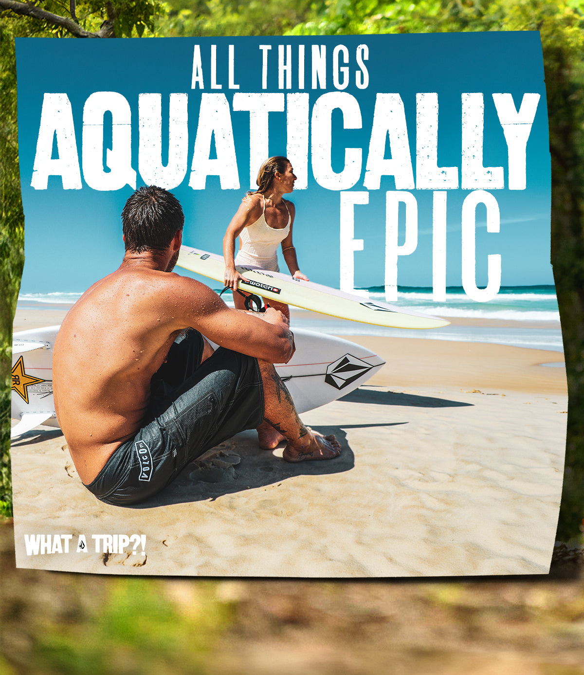 Two people with surfboards on a beach, text 'All Things Aquatically Epic' displayed.