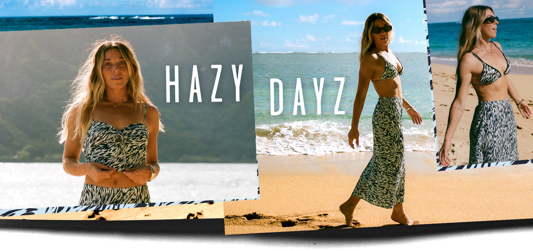 Woman in a patterned dress on a beach with 'Hazy Dayz' text overlay