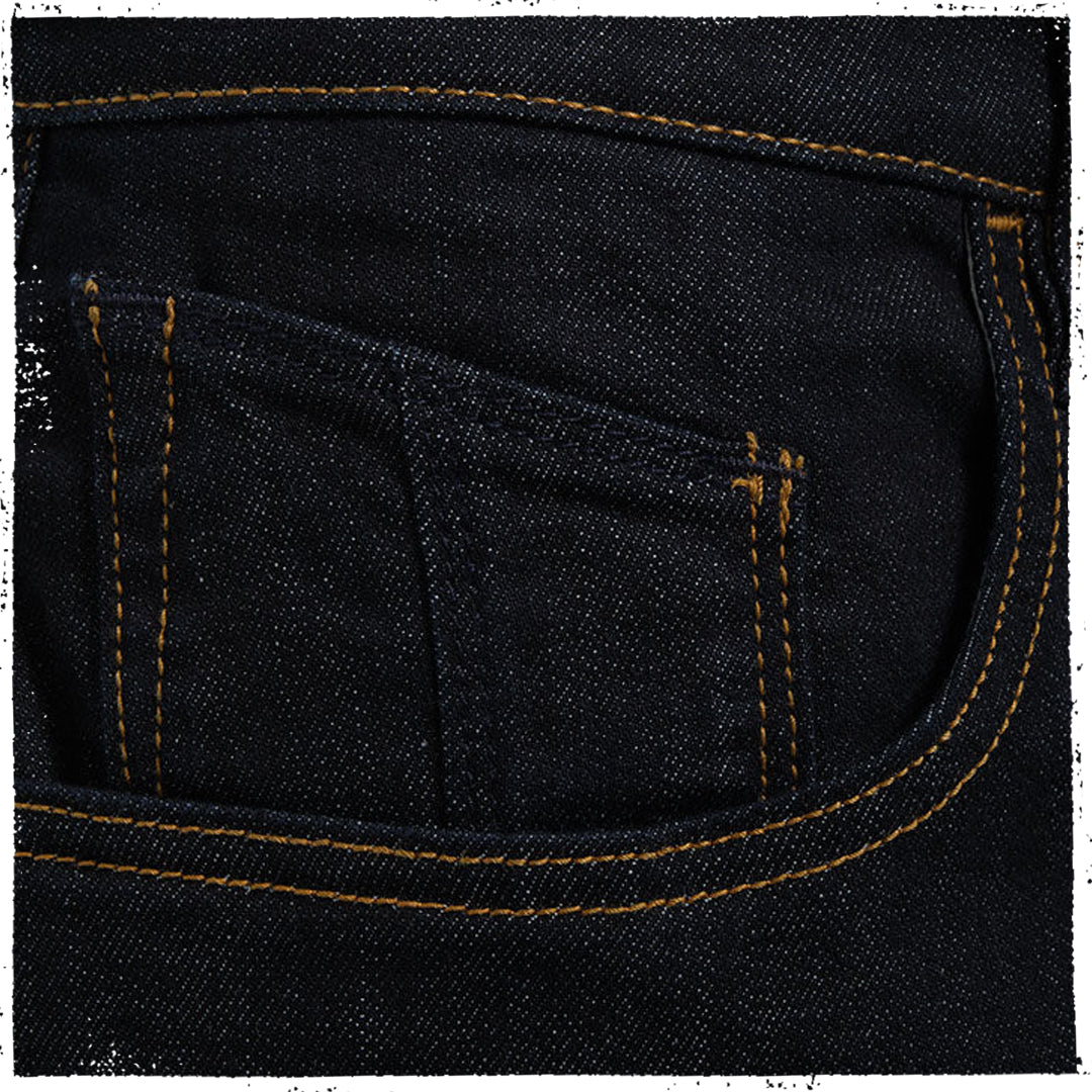 Close-up of a dark indigo denim pocket with contrasting yellow-orange stitching.