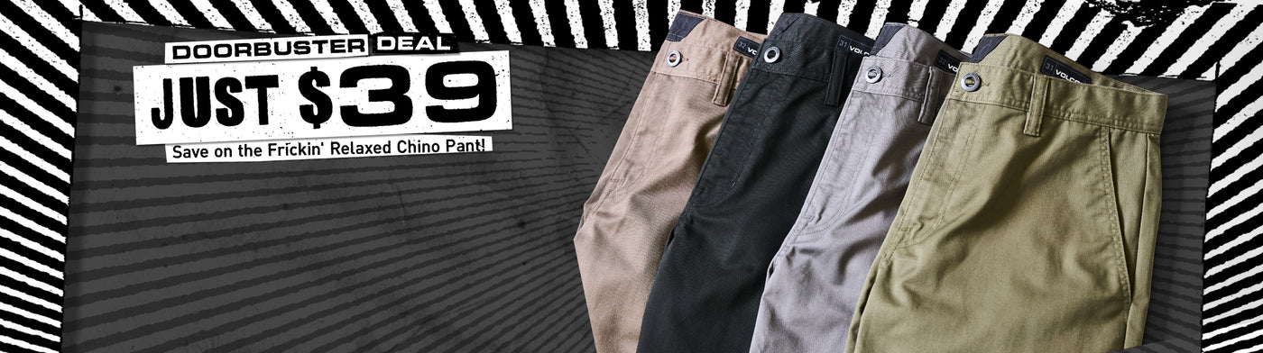 Four pairs of pants displayed with a doorbuster deal banner on a black and white striped background.