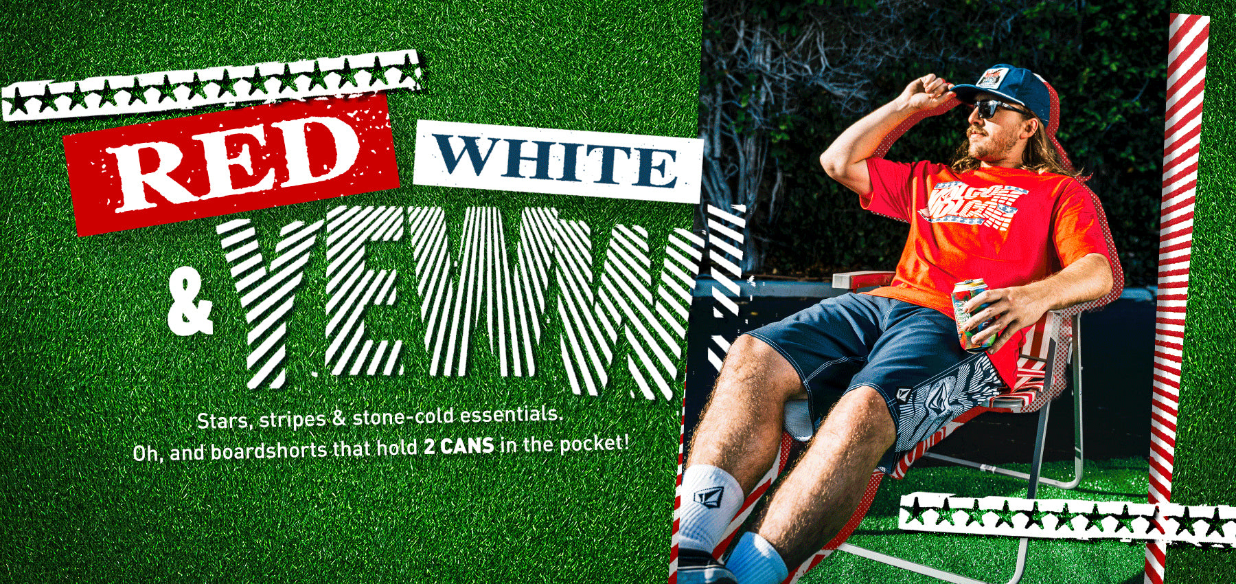 Person sitting on a chair with a can of beer, wearing a red shirt and blue shorts, against a green background with 'Red White & Beer' text.