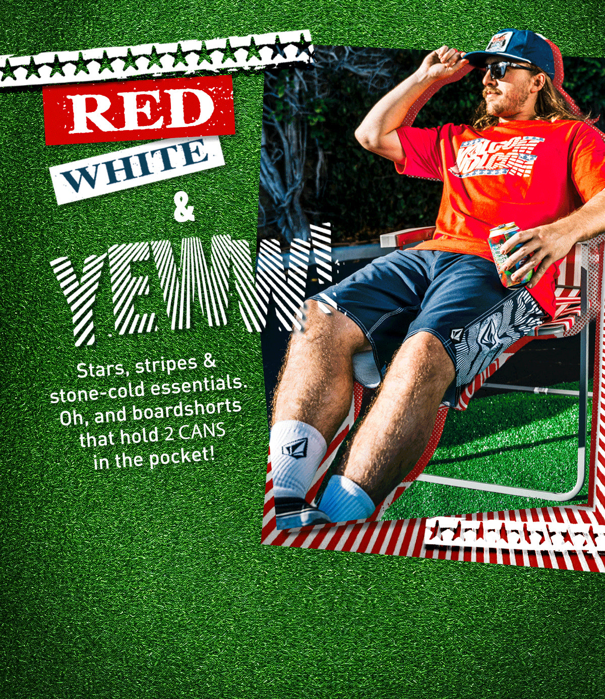 Man in red shirt and sunglasses sitting on a chair with promotional text about 'Red, White & Venom' products.
