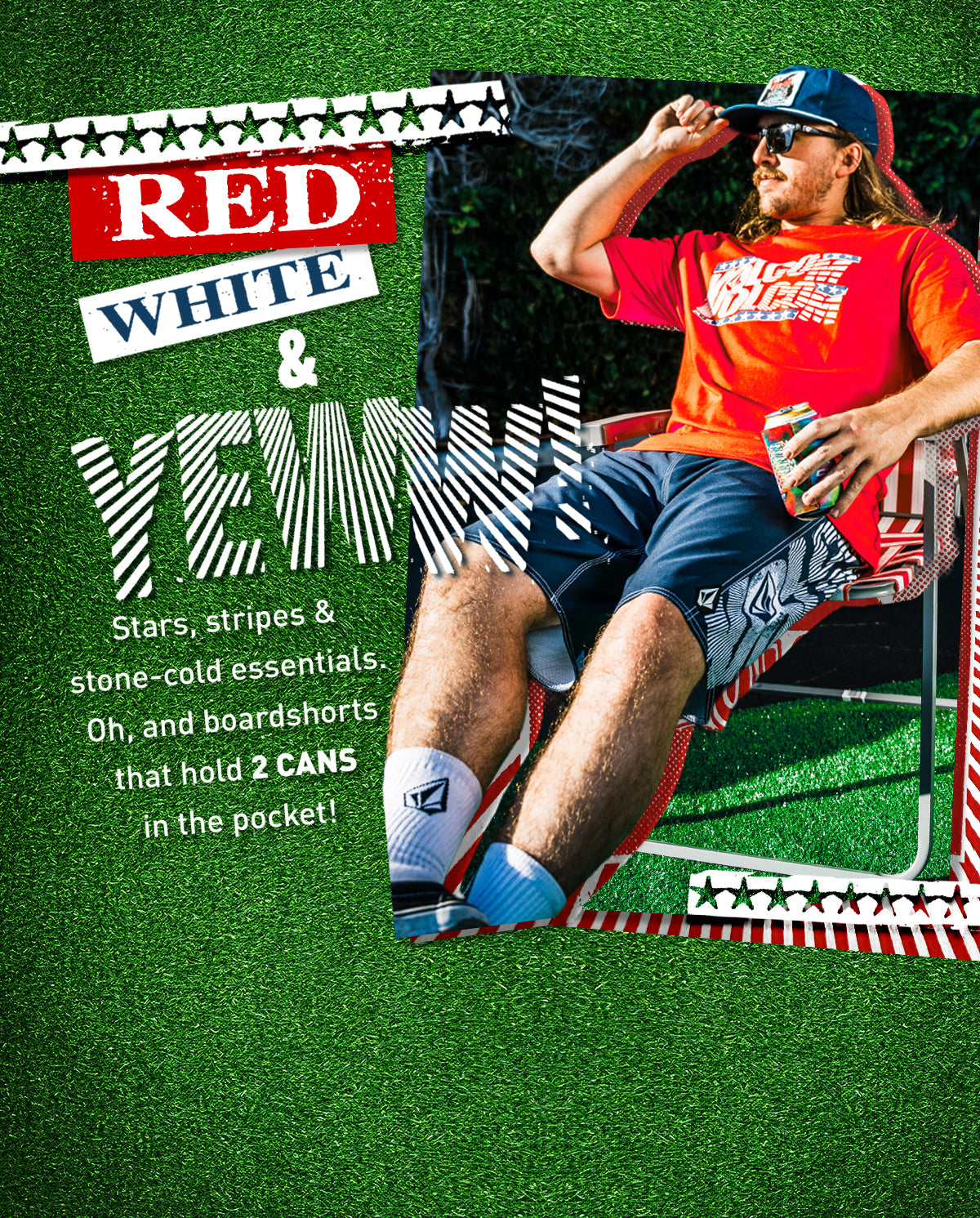 Person sitting on a chair with promotional text for 'Red White & Yeww' on a green background