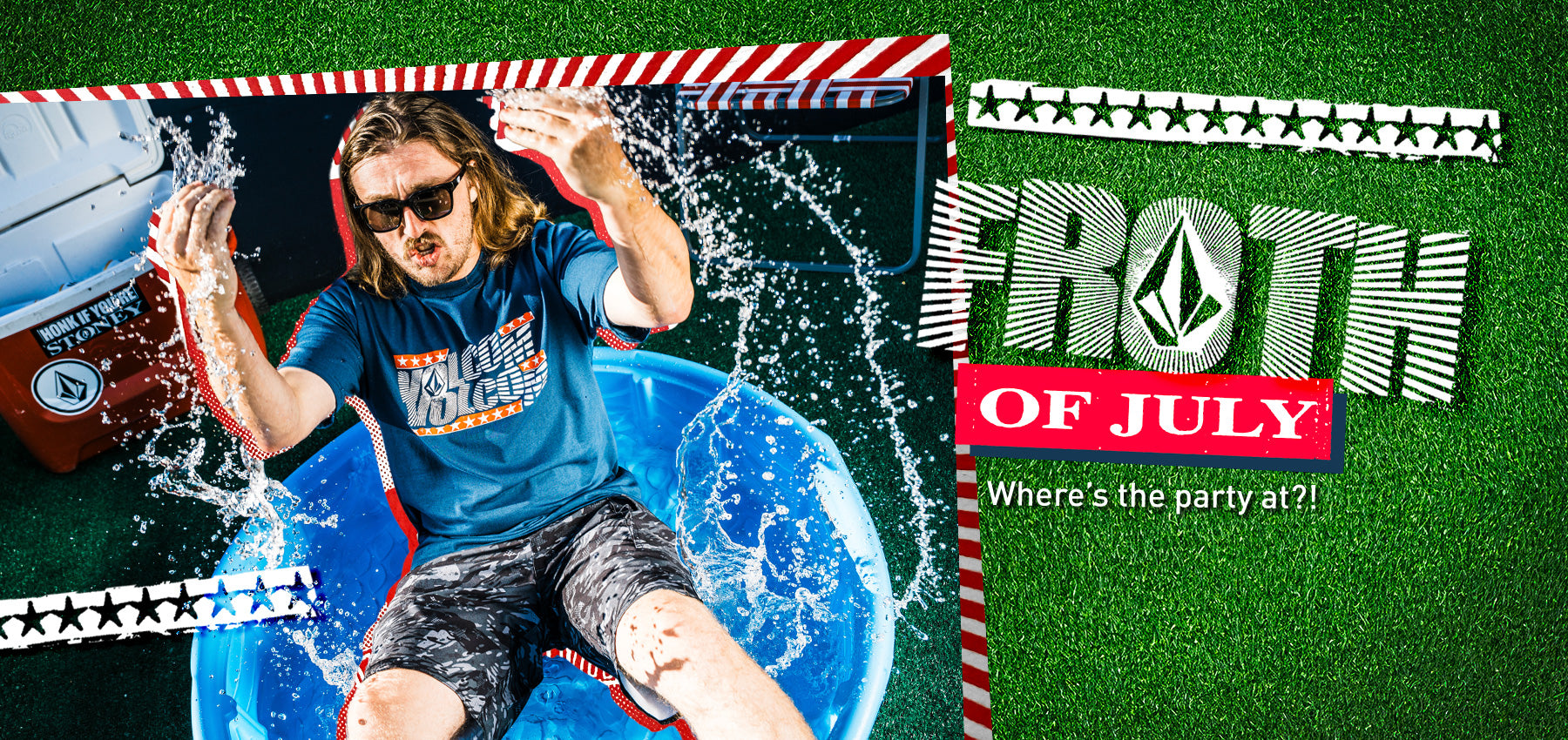Person in a pool with water splashing, surrounded by 'Froth of July' branding on a green background.