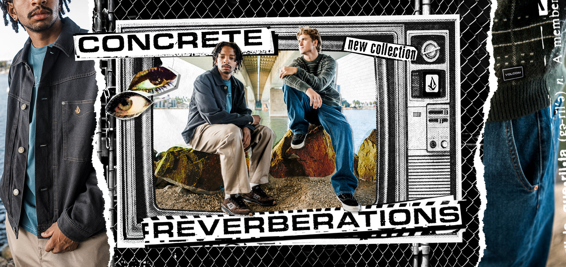 Graphic art with text "Concrete Reverberations" featuring a central retro television screen showing two men sitting on rocks by a body of water, with them also partially visible on the left and right edges against a black chain-link background.
