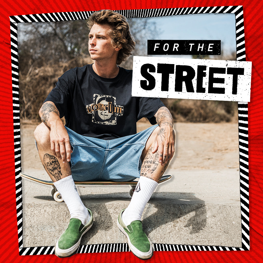 Person sitting on a skateboard with 'For the Street' text overlay