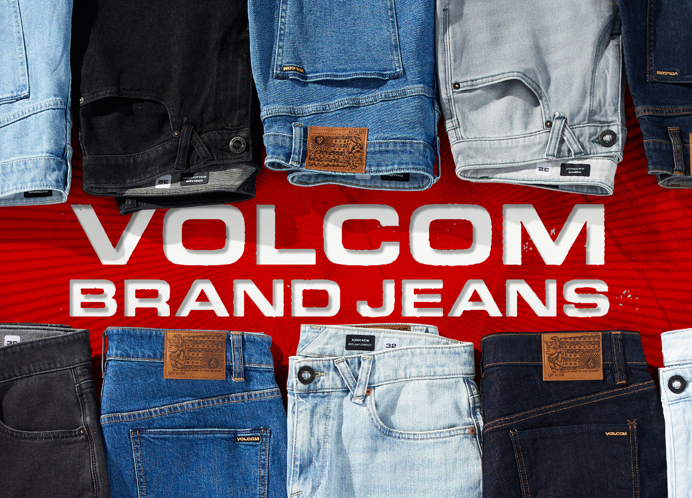 Display of Volcom brand jeans with a red background