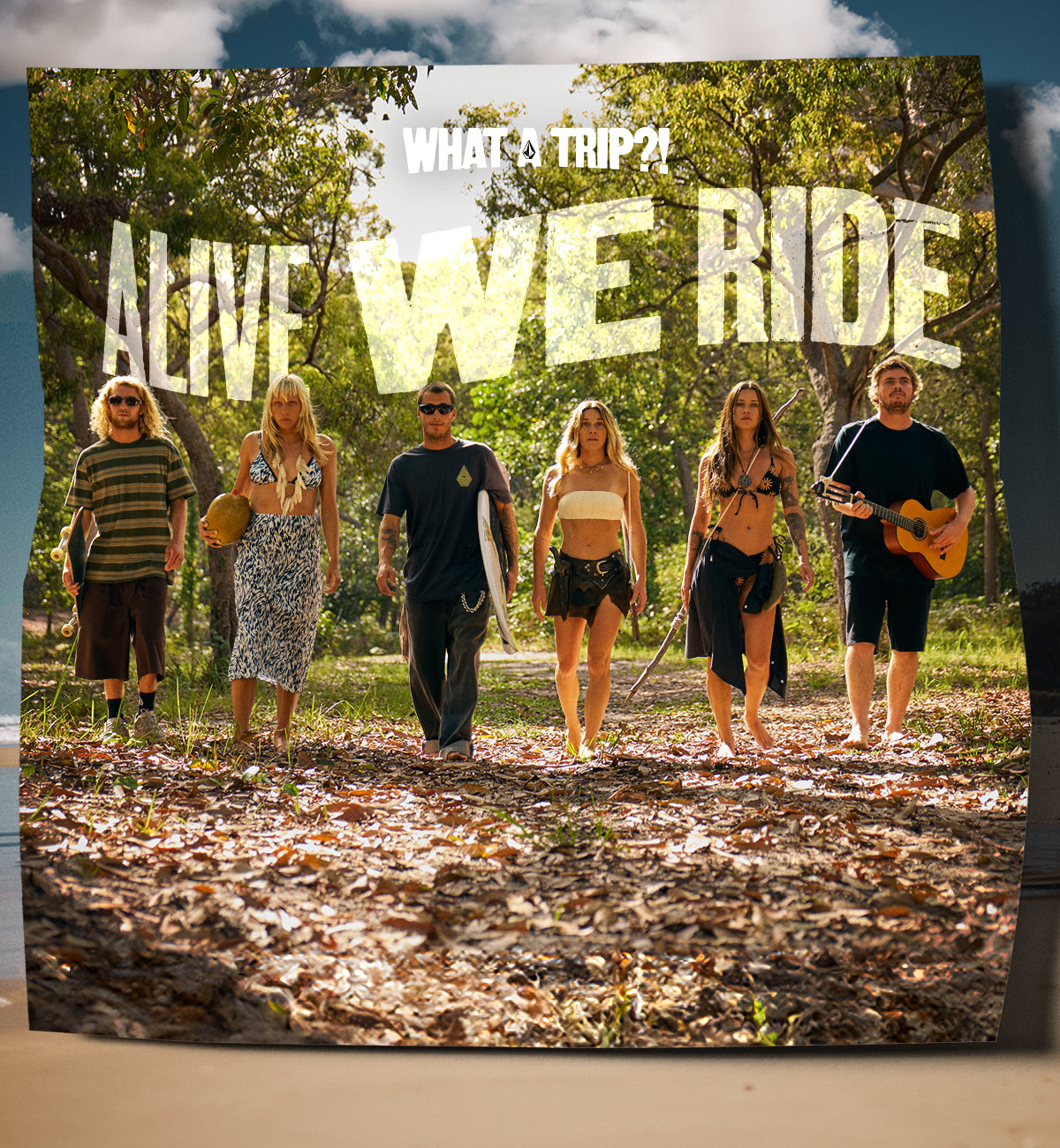 Group of people walking outdoors with 'Alive We Ride' text overlay