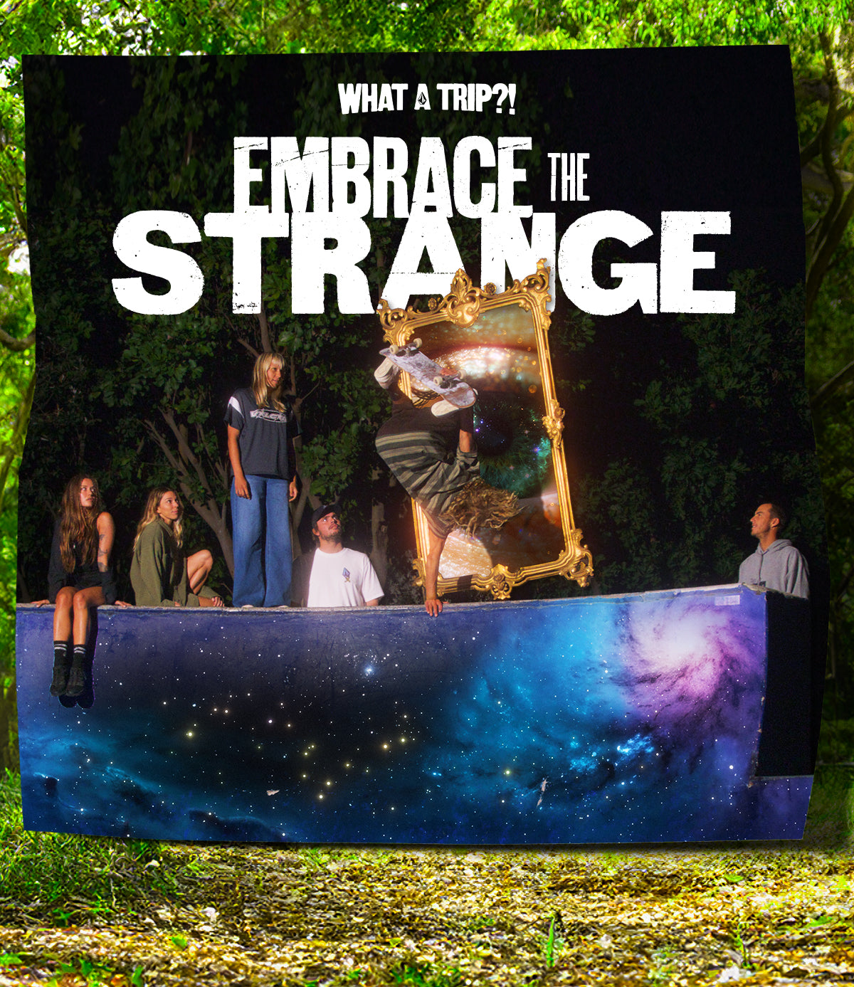 Group of young people sitting on a ledge at night beside a glowing ornate mirror portal showing a skateboarder mid-trick; bold text reads ‘Embrace the Strange’ 