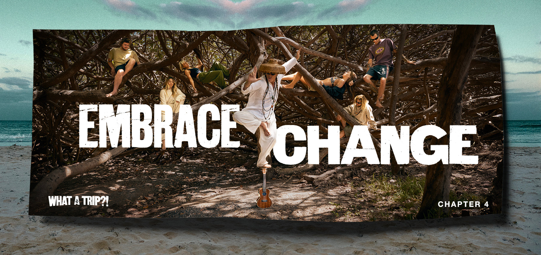 Group of people  on a beach with 'Embrace Change' text overlay.