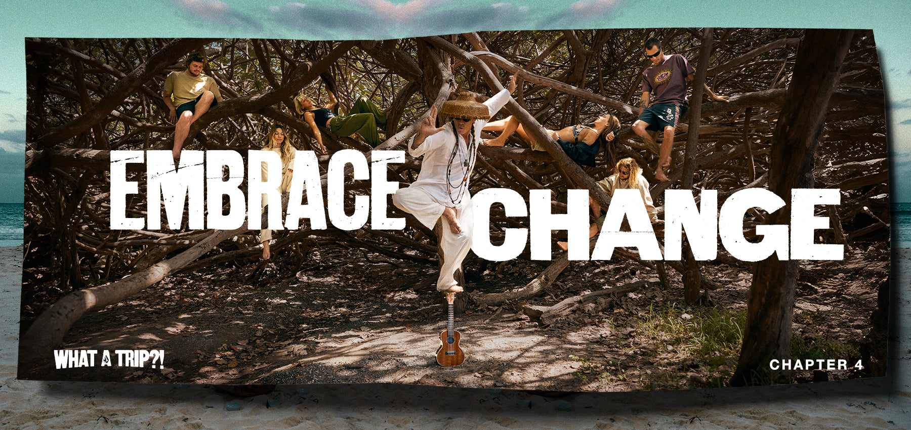 Group of people in a forest with 'Embrace Change' text overlay