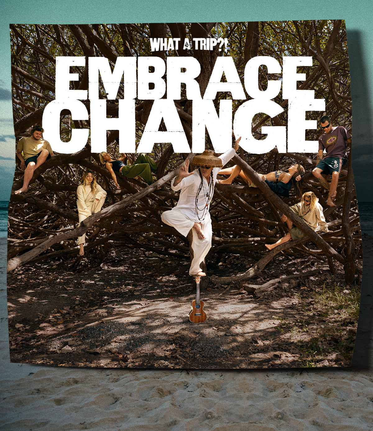 Album cover with text 'Embrace Change' and people in a forest setting.
