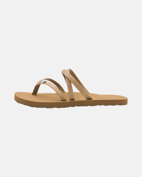 The Volcom Women's Easy Breezy II sandal features three thin brown crisscross straps and an EVA footbed, displayed in a side view against a white background.