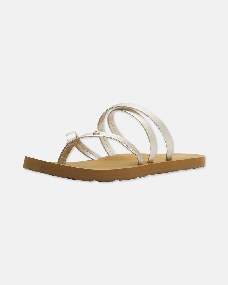 The Easy Breezy II sandal features a tan sole and three metallic silver straps—including a toe loop and two curved top straps—plus a cushioned EVA footbed for comfort, shown on a plain white background.