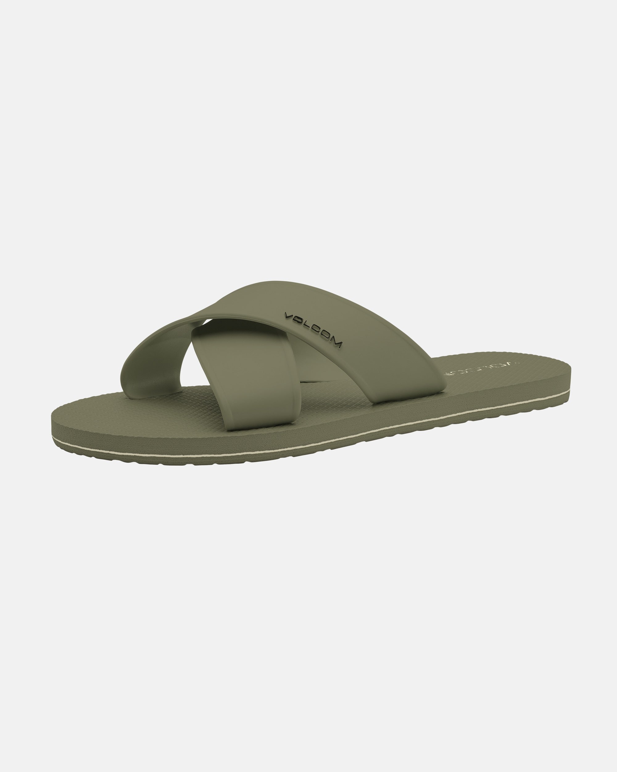Women's Volcomotion Strap Sandals by Volcom in olive green, featuring two wide, crisscrossing straps with the brand name on the upper. Flat sole with a textured grip. Displayed against a plain white background.