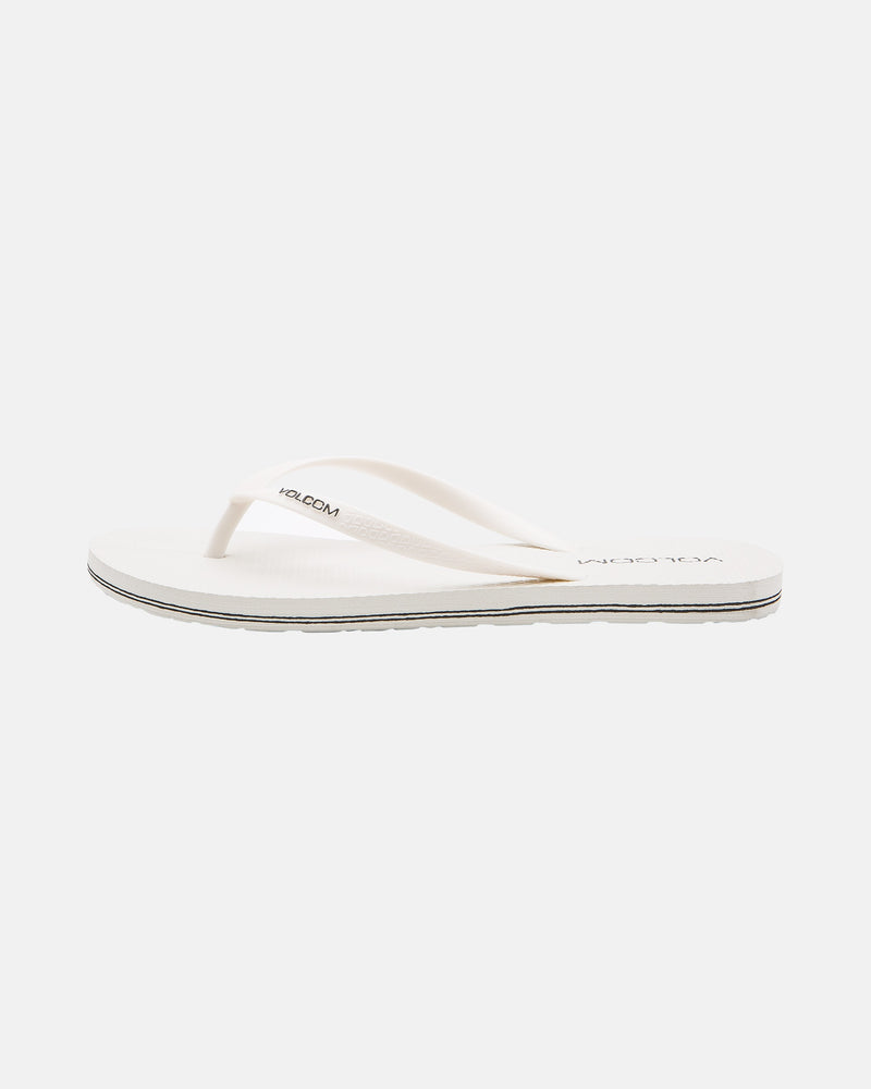 The Volcomotion Womens flip-flop by Volcom features a simple white design with a flat sole and thong strap, shown against a plain light background.