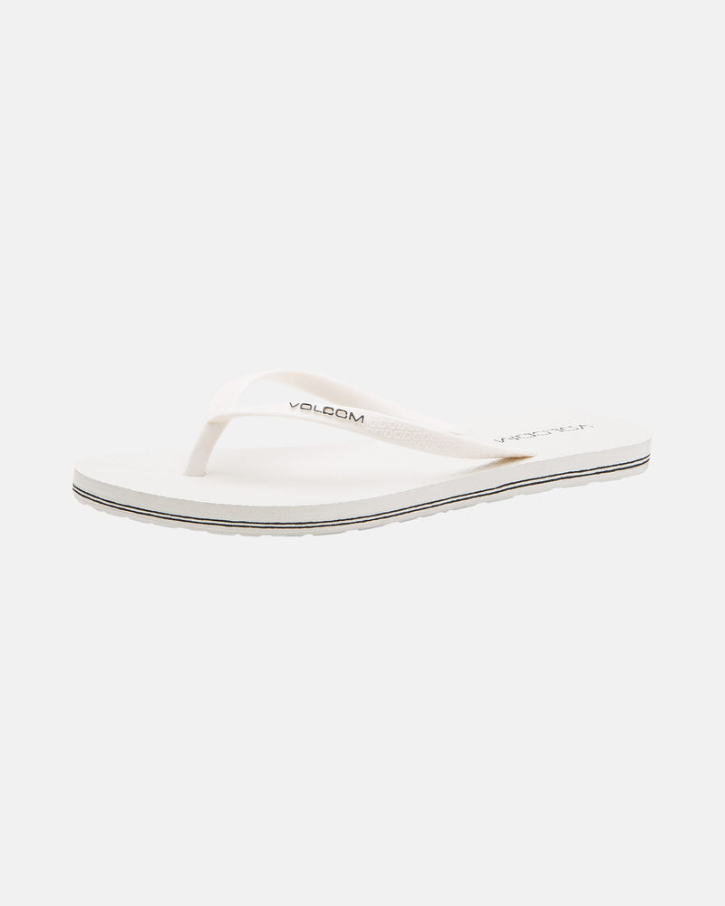 The Volcomotion Womens by Volcom is a white flip-flop sandal featuring a thin thong strap and flat sole, shown on a plain white background.