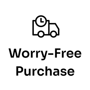 Black line icon of a delivery truck with a clock above the words “Worry-Free Purchase” in bold black, representing Seel’s added protection for every order.