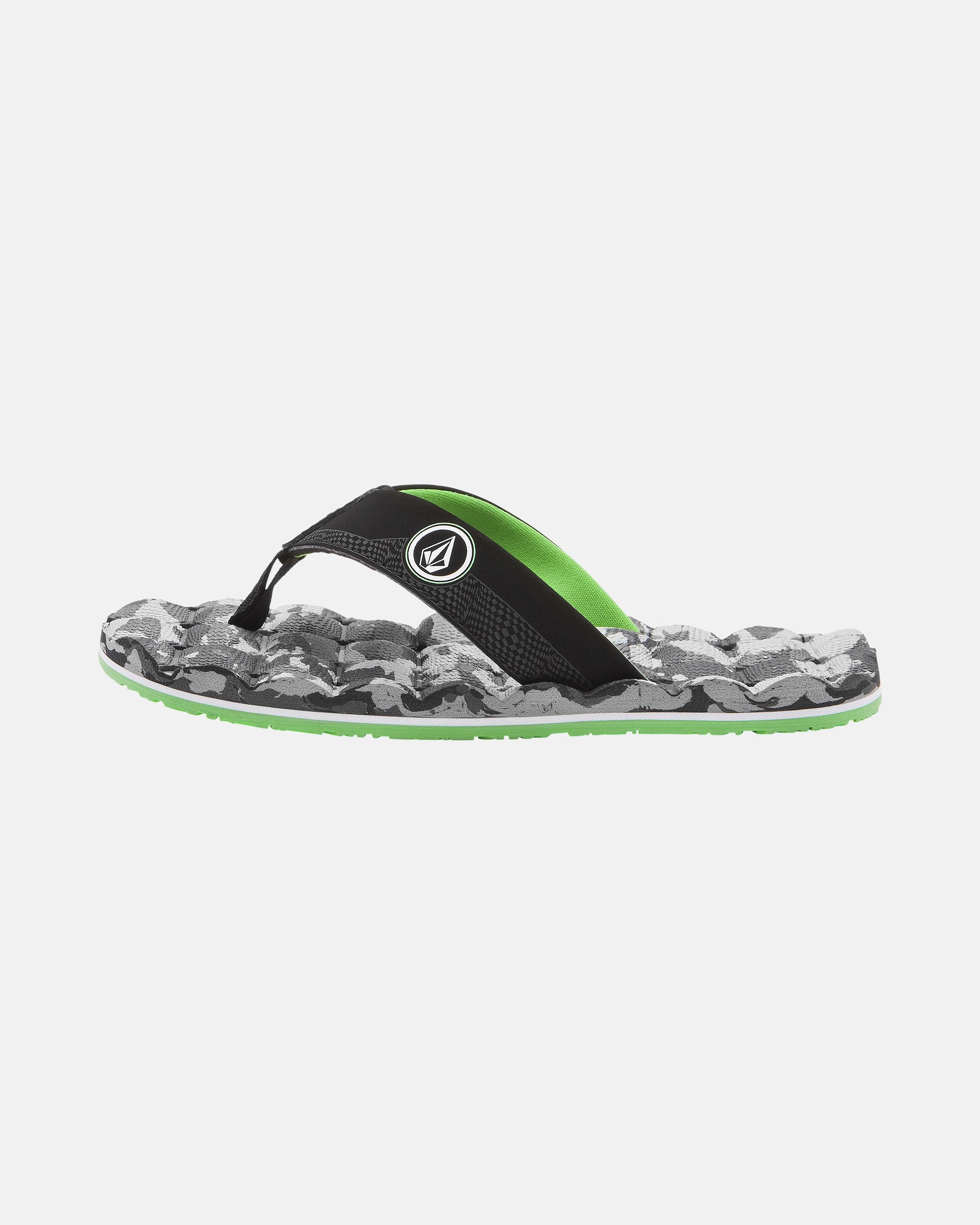 The Volcom Kids' Recliner 2 Big Youth sandal features a black and green camo-patterned, water-friendly design with a comfort foam footbed and logo on the strap, shown on a white background.