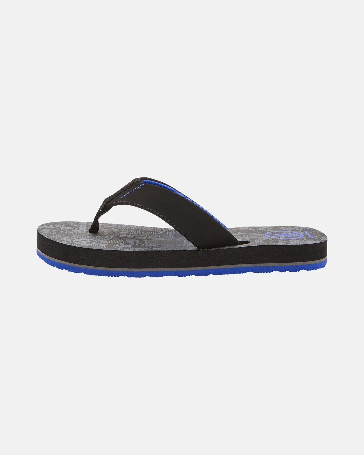 The Volcom Kids' Victor 2 Big Youth is a black flip-flop sandal with blue sole accents, a subtle footbed pattern, and non-scuff outsoles, shown in side view on a plain white background.
