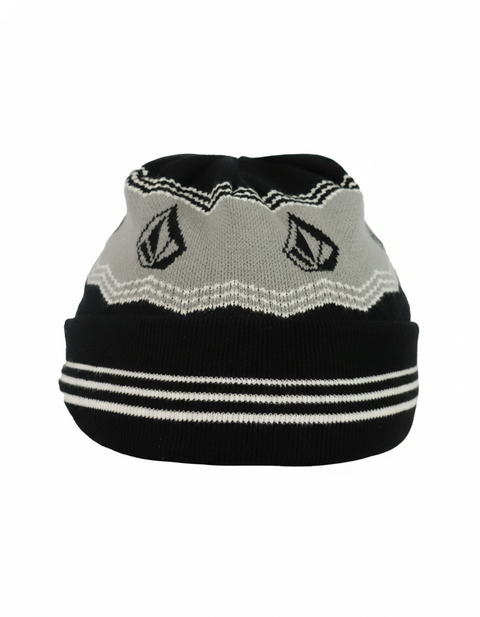 The Volcom x Anti Ordinary A2 Beanie Helmet Outer features a black and gray knit with a folded brim, zigzag pattern, two diamond-shaped logos, and two white horizontal stripes inspired by the A2 Helmet.