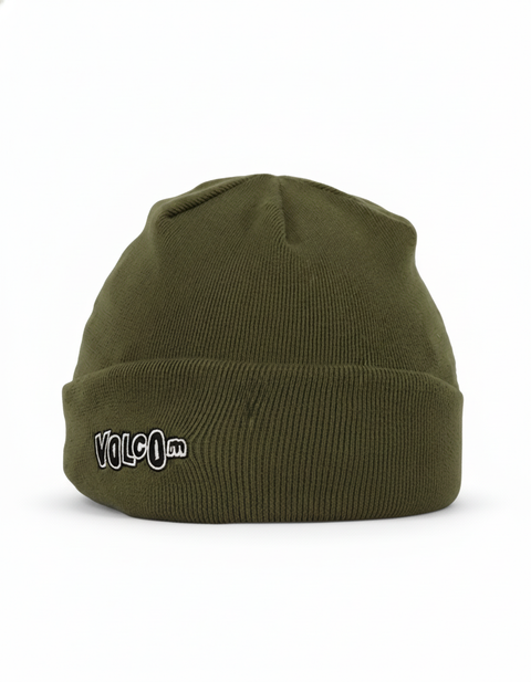 The Volcom x Anti Ordinary A2 Beanie Helmet Outer is an olive green knit beanie with a folded brim and white VOLCOM logo embroidery on the front, designed to fit perfectly under your A2 helmet or helmet frame. Shown against a white background.
