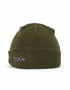 The Volcom x Anti Ordinary A2 Beanie Helmet Outer is an olive green knit beanie with a folded brim and white VOLCOM logo embroidery on the front, designed to fit perfectly under your A2 helmet or helmet frame. Shown against a white background.