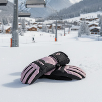 Pair of pink and black gloves on a snowy landscape with ski lifts and mountains in the background