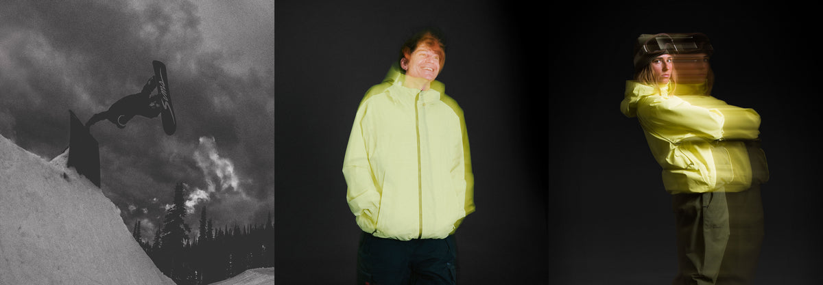 A three-panel collage showing a bright neon yellow-green puffer jacket worn by a model in the center and right. The left panel is a black-and-white action shot of a snowboarder in a stormy sky.