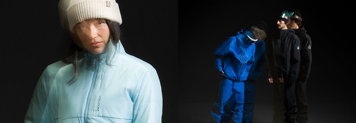 A split-screen fashion photograph showing a model wearing a light blue zip-up jacket and a cream beanie on the left, and two models in dark blue and black ski suits on a black background on the right.