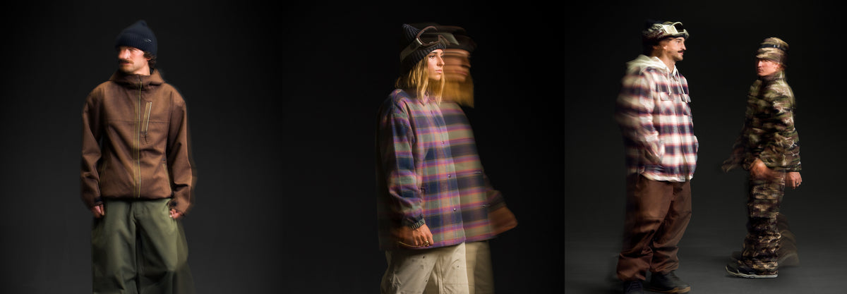 A three-panel studio fashion photo showing models wearing layered outdoor-style clothing. Left panel: a model in a brown jacket and green pants with a dark beanie. Middle panel: a model in a pink, green, and navy blue flannel and a beanie. Right panel: Two models in a flannel sweater zip up and a camo-pattern set.