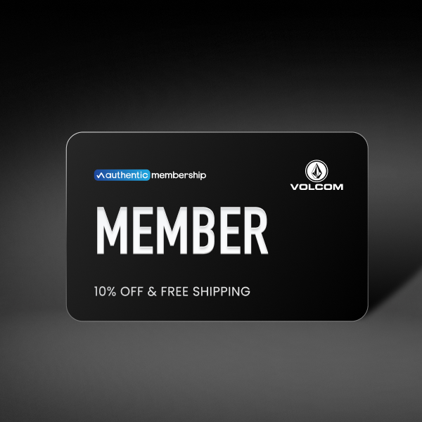 A black Volcom Authentic Membership card with white text reading 'MEMBER' and '10% OFF & FREE SHIPPING', shown on a dark gradient background.