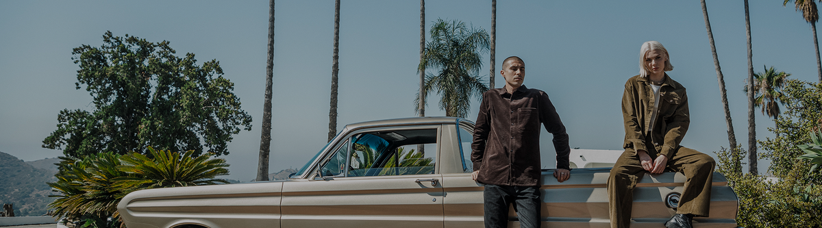 Two people leaning against a metallic car outside with palm trees in the background.