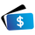 A digital graphic of two overlapping rectangular cards, with the front card in blue and white featuring a white dollar sign, and the back card in black.