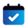 A digital icon of a blue and black calendar with a white checkmark, representing a task or checklist.